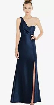 ALFRED SUNG Midnight Blue Draped One Shoulder Satin Trumpet Gown