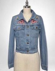 Jealous Tomato Floral Embroidered Cropped Denim Jean Jacket Small