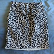 Leopard Print Raw Hem Denim Skirt