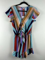 Umgee Romper Womens Size S Striped Colorful Bow Tie Ruffle Boutique Boho NWT