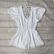 one piece shorts romper w/flutter sleeves and tie back neck white S