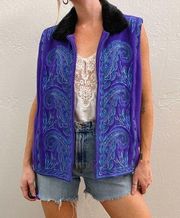 Vintage Bob Mackie Purple Embroidered Fur Trim Zip Up Fleece Vest