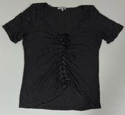 Black Tie-Up V-Neck Ribbed Tee T-Shirt Top Size L 🖤