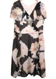 ISAAC MIZRAHI Floral Chiffon Ruffle Dress Black Cream Ivory Wedding Party 12