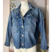 True Religion Blue Medium Wash Raw Hem Cropped Boxy Denim Jacket Size Small