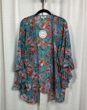 Umgee Blue&Coral Chiffon Kimono Jacket Sz.S NWT