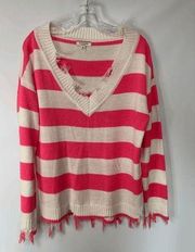 Andree by Unit Womens Sweater Distressed V Neck Stripes Pink Medium