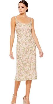 NWT Mac Duggal 10755 Sleeveless Hand Beaded Floral Midi Dress