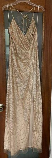 Luxxel Gold Tulle Spaghetti Strap Formal Maxi Gown- Small