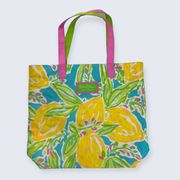 x Estée Lauder Yellow Lemons Blue Green Floral Shoulder Tote Bag