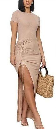 SheIn Women Short Sleeve, khaki, large Crew
Neck Bodycon High Slit Ruched Maxi Dress