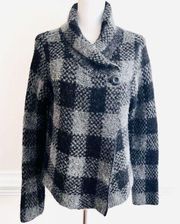 SUSAN BRISTOL Black & Gray Checked Wool Cardigan Sweater Jacket ~ Size Large