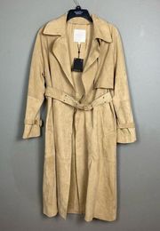 Massimo Dutti trench coat small leather suede belted camel NWT Gold Hardware