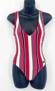 Solid & Striped V Neck Low Back Striped One Piece Swimsuit Pink Small