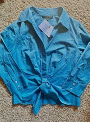 Lafayette 148 New York Blue Button Down Tie Blouse Medium