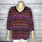 Susan Graver Size 2X Printed Ruched Sleeve V-Neckline Liquid Knit Blouse Top