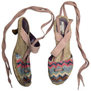 Missoni Mare Pink Blue Chevron Kitten Heel Ankle Wrap Espadrille Sandals 39 8.5