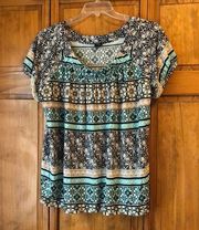 Rafaella Black Teal Floral Tribal Short Sleeve Blouse 1X