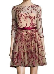 Marchesa Notte 3/4-Sleeve Tulle Fit-&-Flare Dress, Red size 10