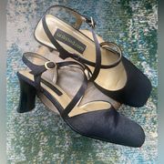 Vintage 90s Y2K Unlisted black satin double strap ankle buckle heels, size 8.5M