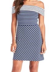 Navy Blue & White Striped Off the Shoulder A-line Dress