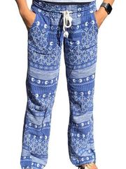 Blue and white Roxy beach pants, low waisted beach pants, Roxy linen pants