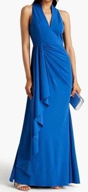 BADGLEY MISCHKA Draped Stretch Crepe Long Gown Cobalt Blue Size 10 New