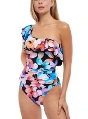 New! Profile by Gottex Color Rush Black Ruffle One Shoulder One Piece Swimsuit