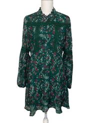 NWT Large Dark Green Floral Crochet Mini Skater Dress Long Balloon Puff Sleeve New