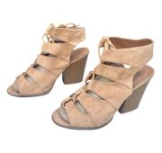 Qupid Nude Tan Open Toe Strappy Lace Up Suede Heels Size 8