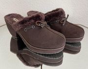 SKECKERS Vintage Y2K Brown Suede Faux Fur Heeled Chunky Platform Cozy Clog Mules