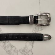 Vintage Western Style Crocodile Embossed Leather Belt in Black and Silver Large