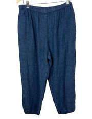 Flax Pants Womens Large Blue Linen Capri Elastic Waist Pull On High Rise Cropped