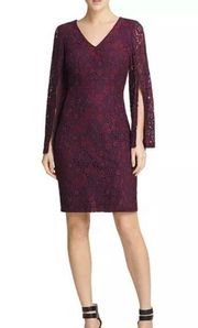 Donna Karan Split Sleeve Lace Dress Cocktail Sheath Current Aubergine Sz 14