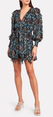 Ulla Johnson Natalia Mini Dress Floral Shibori Blue Size 6 Silk Belted Ruffle