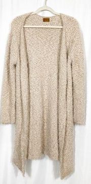 POL Clothing NEW Popcorn Eyelash Fuzzy Longline Open Front Cardigan Oatmeal Tan