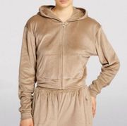 Cropped Velour Cream Full Zip Zip-up Hooded Sweatshirt Size Medium