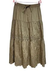 Coach Broderie Anglaise Long Skirt In Organic Cotton Dark Olive Women’s Size 6