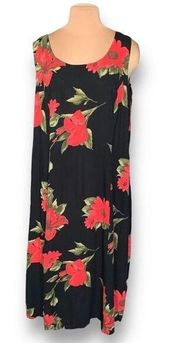 Vintage Hanes Dress Black Red Dark Floral Detail Sleeveless Scoopneck Maxi