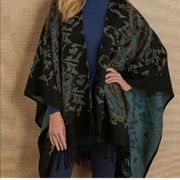 Soft Surroundings Blue Multi Paisley  Fringe Poncho Sweater One Size