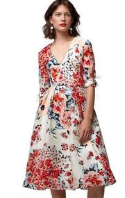 CAROLINA HERRERA 1/2 Sleeve V-Neck Floral 100% Silk A-Line Dress Ivory Red US 6