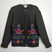 Vintage 80's Doncaster Sport Boiled Wool Cardigan Sweater Art to Wear Decorated