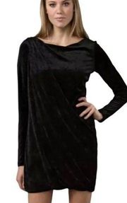 Black Velvet Velour Draped Shoulder Long Sleeve Dress Size M