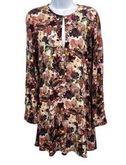 & Other Stories Floral Rose Print Keyhole Neck Button Long Sleeve Mini Dress