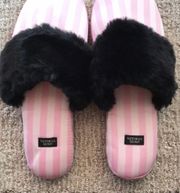 ICONIC STRIPE PINK White Faux Fur Slippers