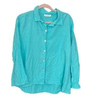 Bryn Walker Lagenlook 100% Linen Aqua Blue Button Up Blouse | Small