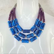 Dillard’s Colorblock Chunky Bead Layered Statement Necklace Blue Purple Gray