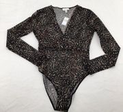 Topshop Womens Size 4-6 Sheer Mesh Leopard Print Black Long Sleeve Bodysuit