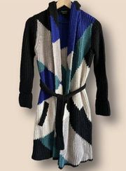 Vertigo Colorblock Black & Blue Multi Open Front Long Sweater Cardigan Sz S