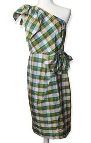 J. Crew Silk One-Shoulder Green Yellow Plaid Midi Dress Wedding Guest Bow